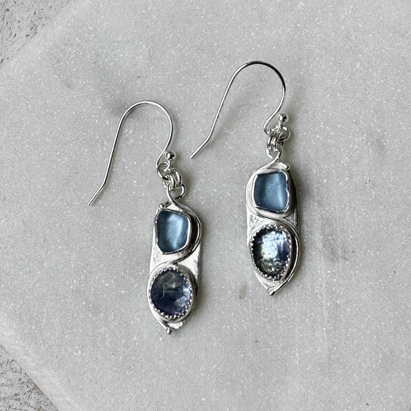 Cornflower Blue Sea Glass & Bi-Color Tanzanite Earrings