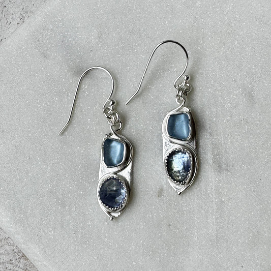 Cornflower Blue Sea Glass & Bi-Color Tanzanite Earrings
