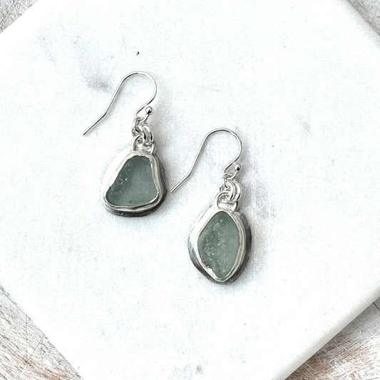 Blue/Grey Bezel Set Sea Glass Earrings