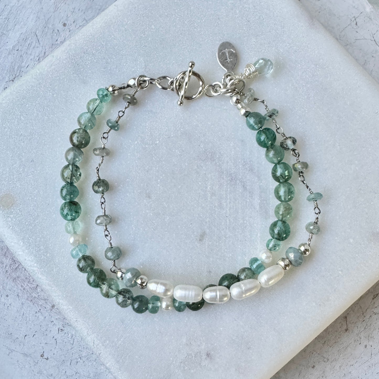Blue Apatite, Pearl & Sapphire double strand Bracelet