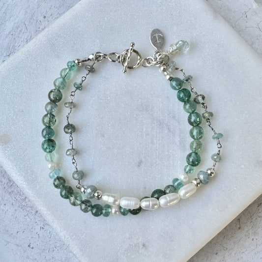 Blue Apatite, Pearl & Sapphire double strand Bracelet