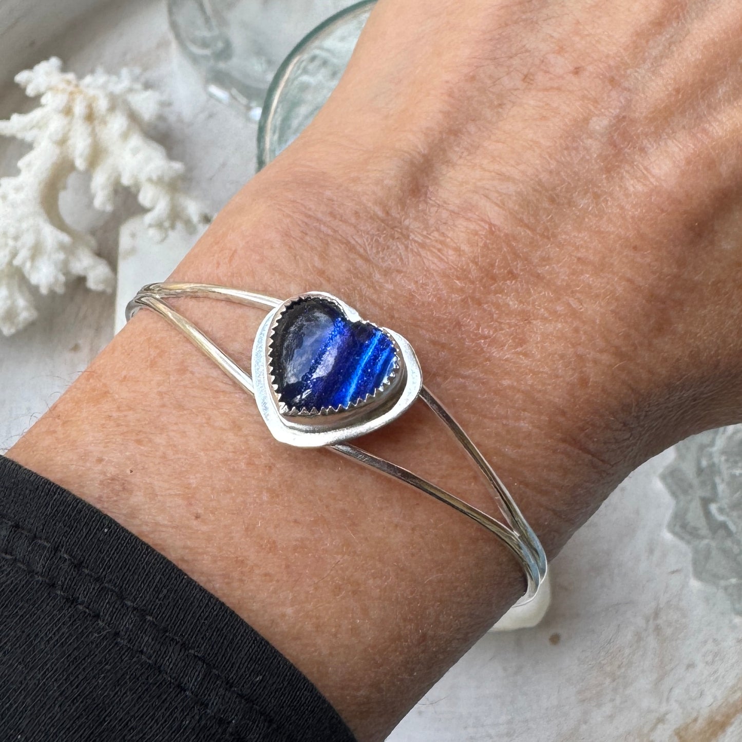 Blue Goldstone Heart Open Cuff Bracelet