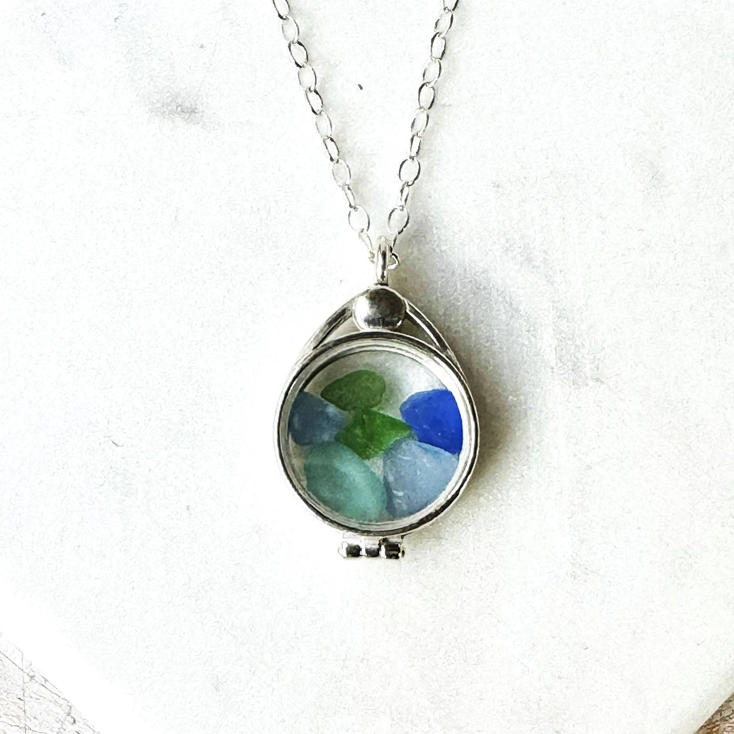 Blue & Green Sea Glass Locket Necklace