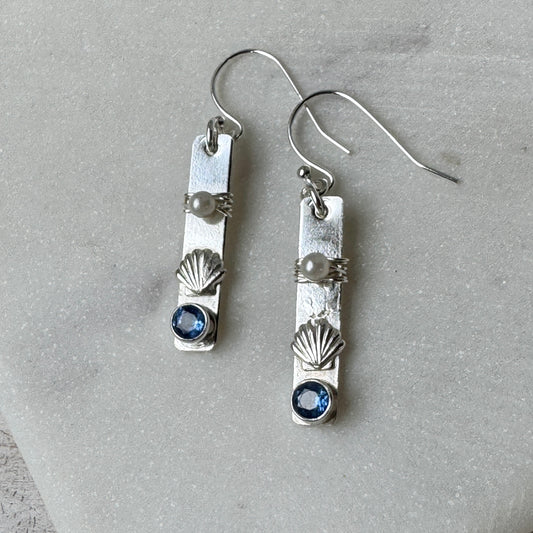Blue Kyanite Sea Shell & Pearl Earrings