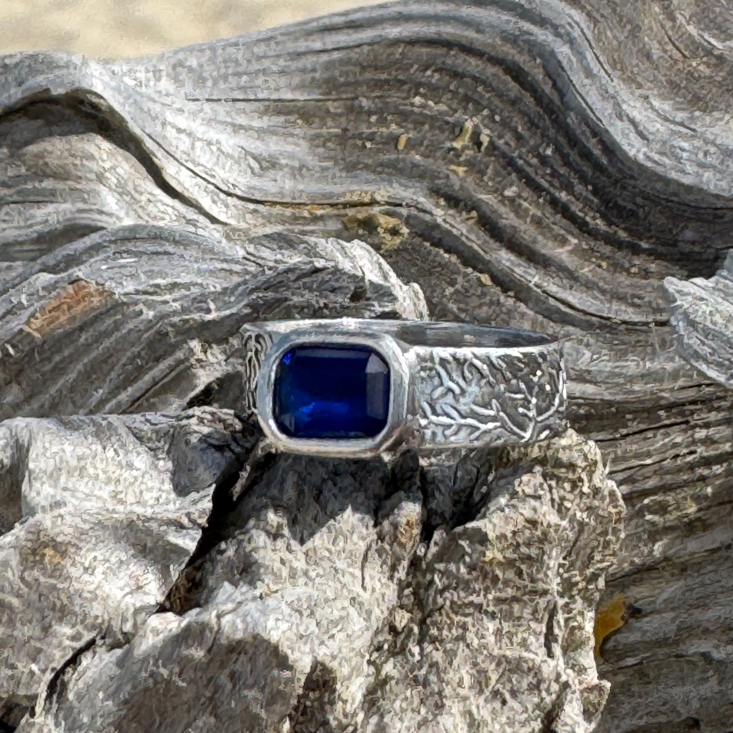 Blue Rectangular Stone Coral Reef Ring