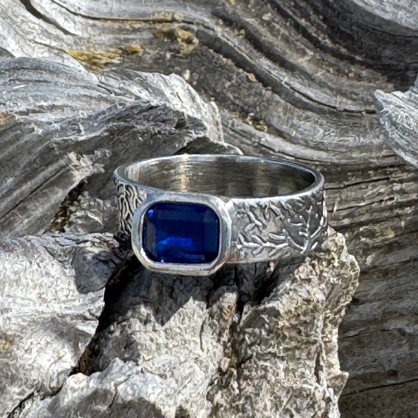 Blue Rectangular Stone Coral Reef Ring