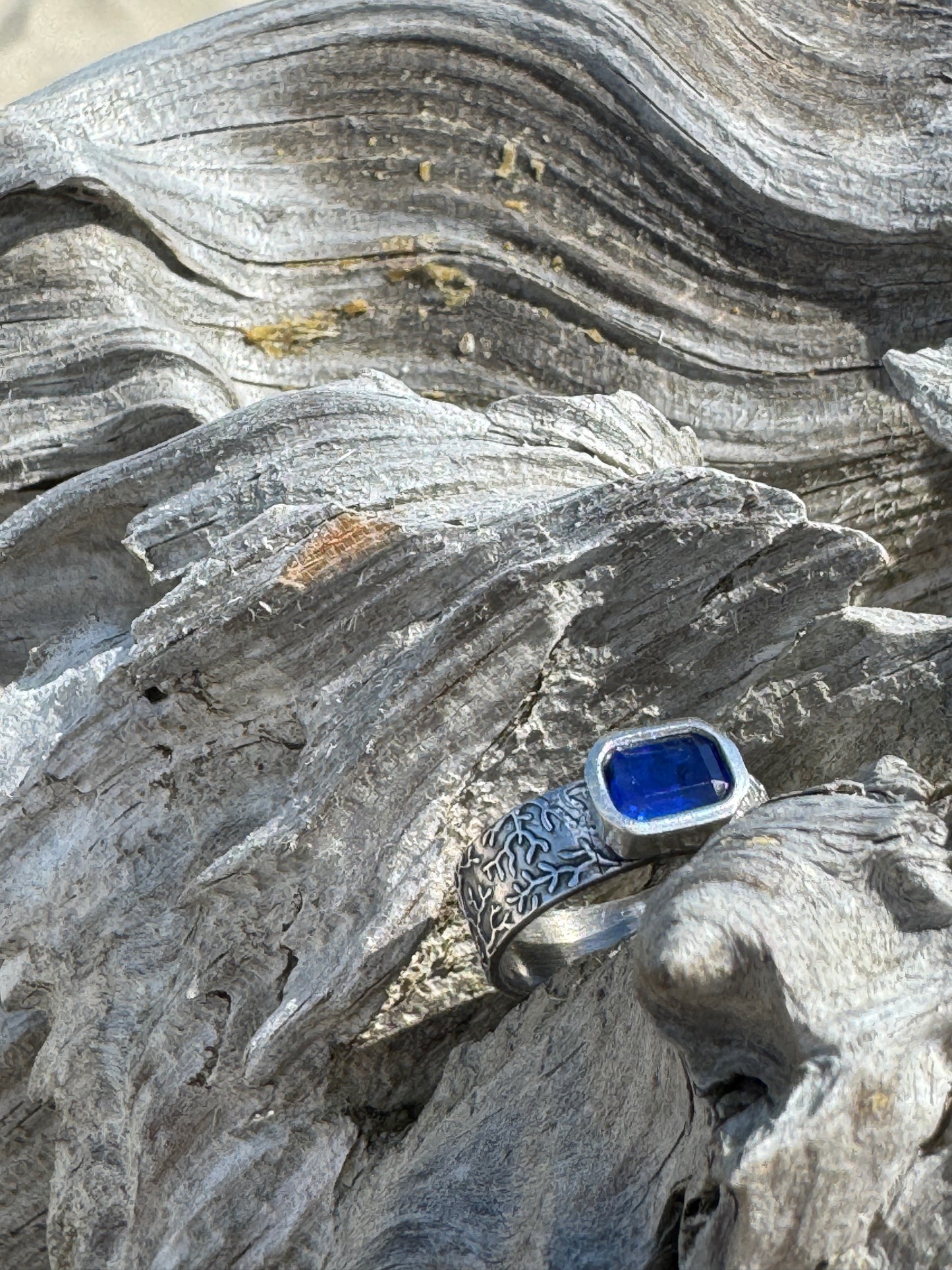 Blue Rectangular Stone Coral Reef Ring