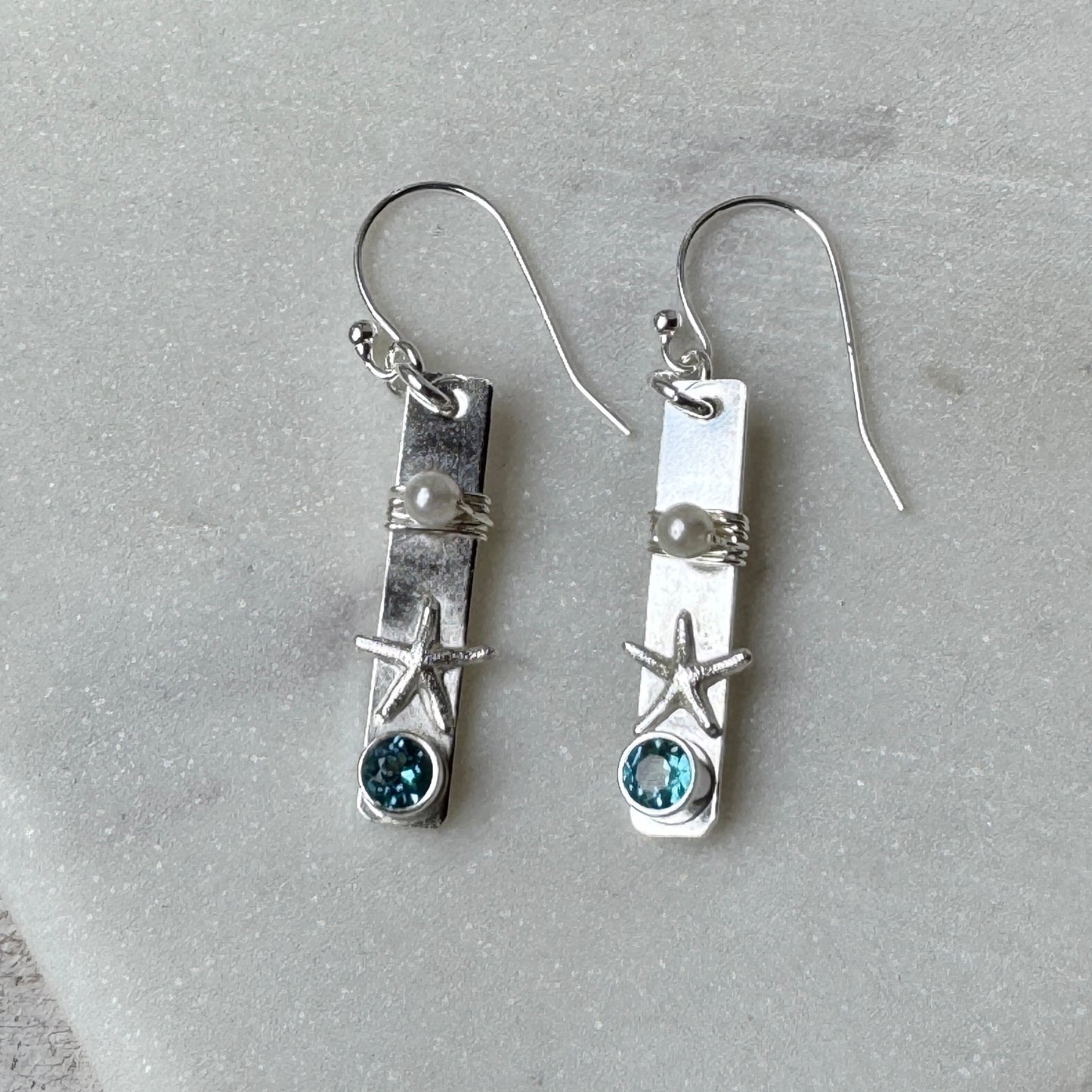 Blue Topaz Starfish & Pearl Bar Earrings