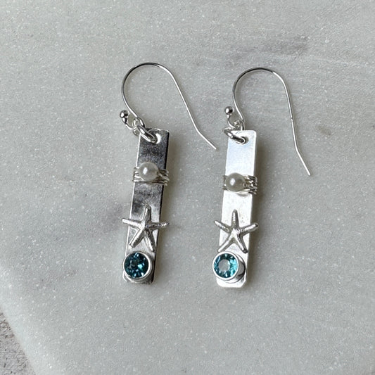 Blue Topaz Starfish & Pearl Bar Earrings