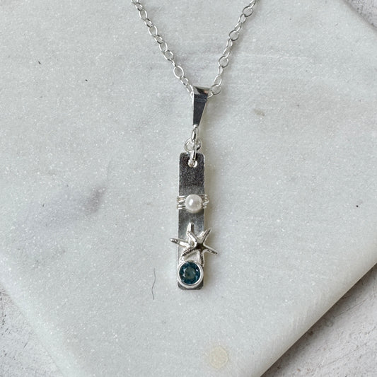 Blue Topaz Starfish & Pearl Bar Necklace