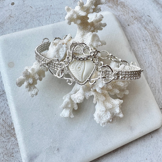 Carved Buffalo Bone Heart Silver Woven Bracelet