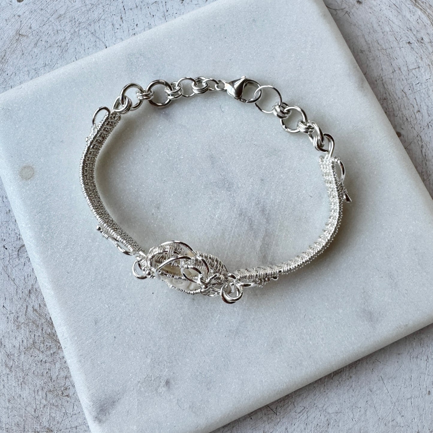 Carved Buffalo Bone Heart Silver Woven Bracelet