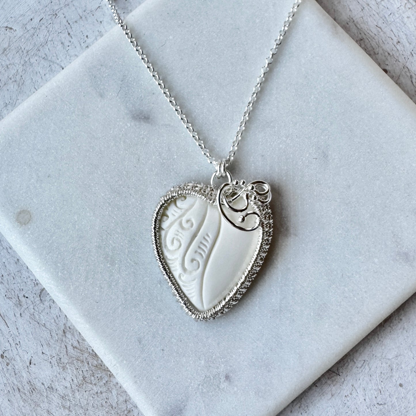 Carved Buffalo Bone Woven Silver Heart Necklace