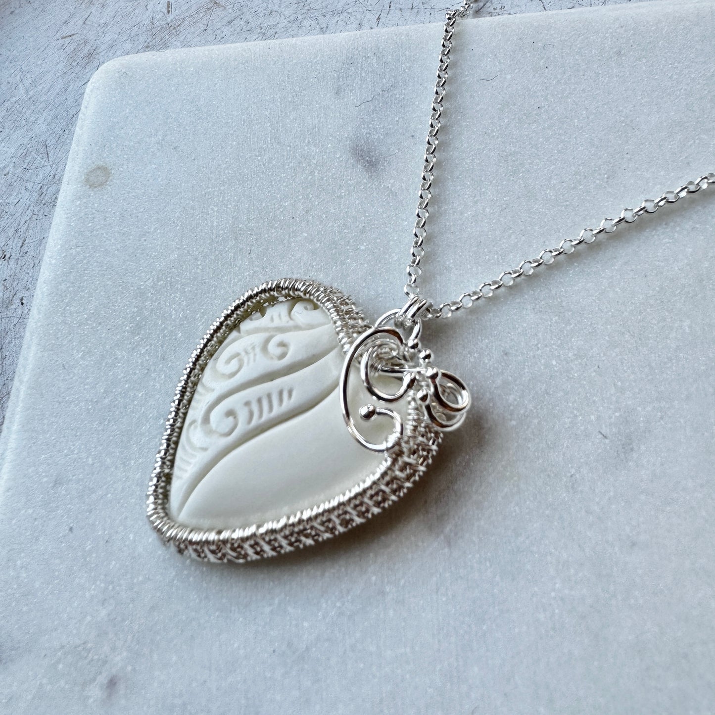 Carved Buffalo Bone Woven Silver Heart Necklace