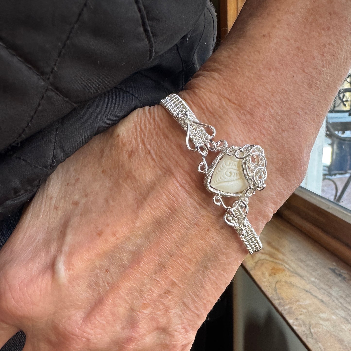 Carved Buffalo Bone Heart Silver Woven Bracelet