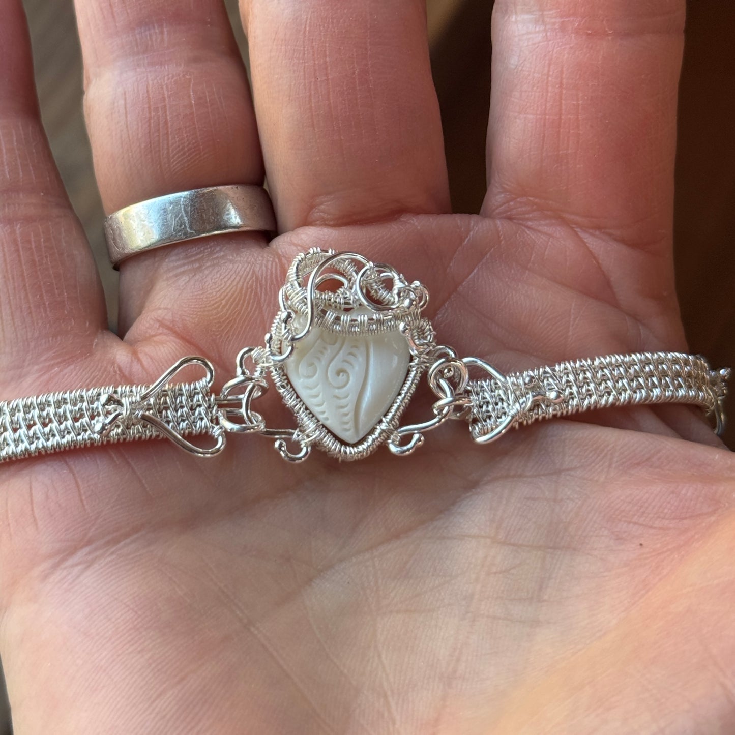 Carved Buffalo Bone Heart Silver Woven Bracelet