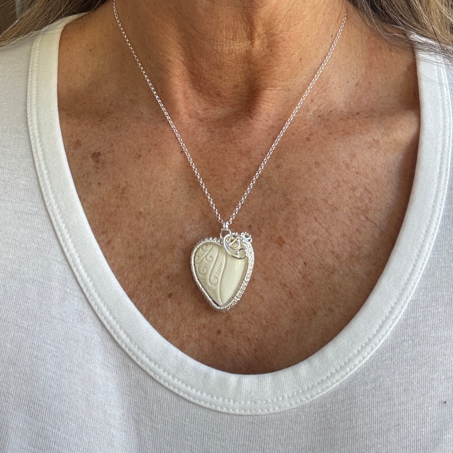 Carved Buffalo Bone Woven Silver Heart Necklace