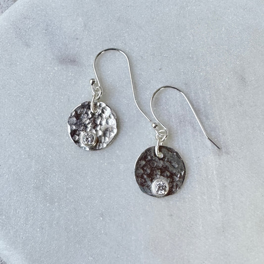 CZ Small Silver Disk Earrings