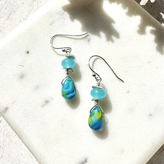 Blue/Yellow Carnival Glass Drop Earrings