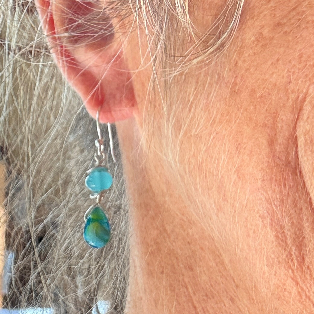 Blue/Yellow Carnival Glass Drop Earrings