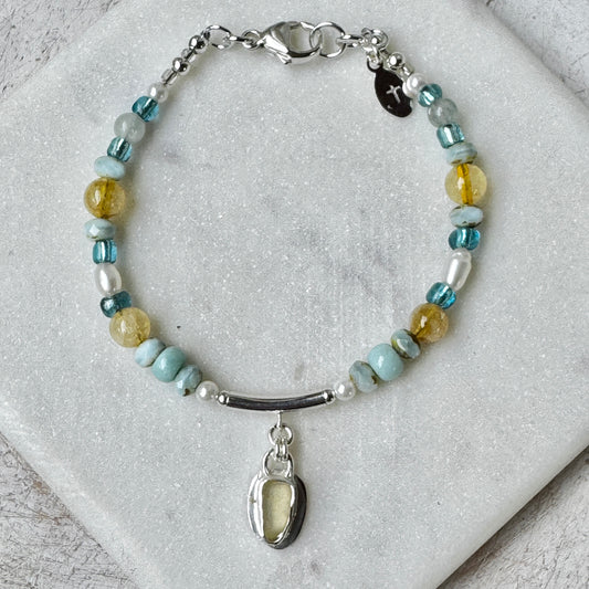 Citrine, Larimar & Pearl Bracelet with Yellow Sea Glass Charm