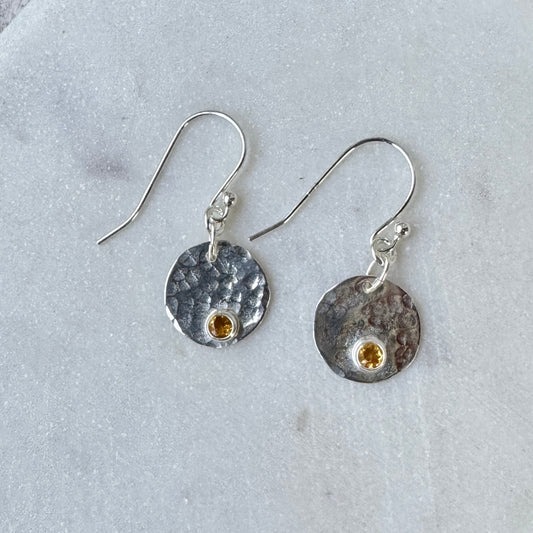Citrine Small Silver Disk Earrings