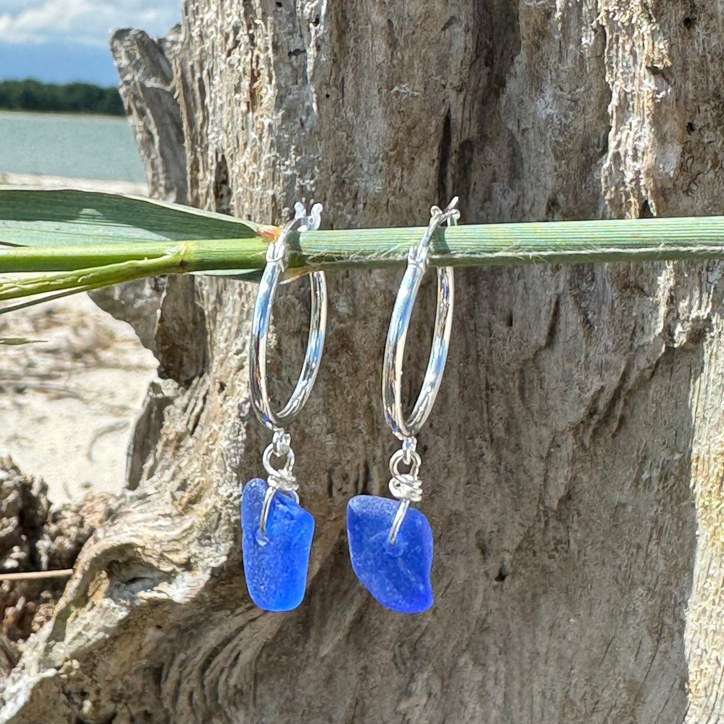 Natural Sea Glass Silver Hoop Earrings