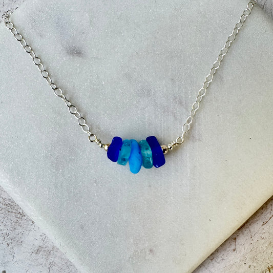 Cobalt, Milk Glass & Aqua Sea Glass Stacker Necklace
