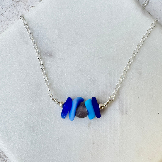 Cobalt, Milk Glass & Lavender Sea Glass Stacker Necklace