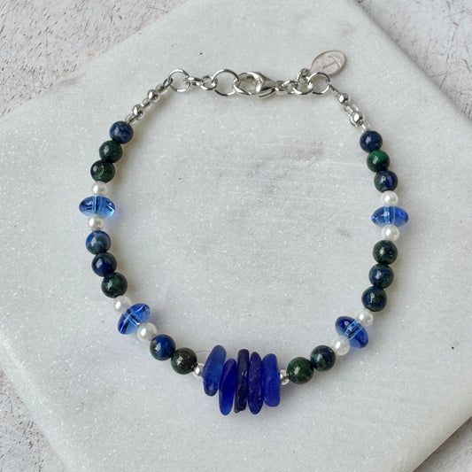 Cobalt Sea Glass, Chrysophase & Freshwater Pearl Bracelet
