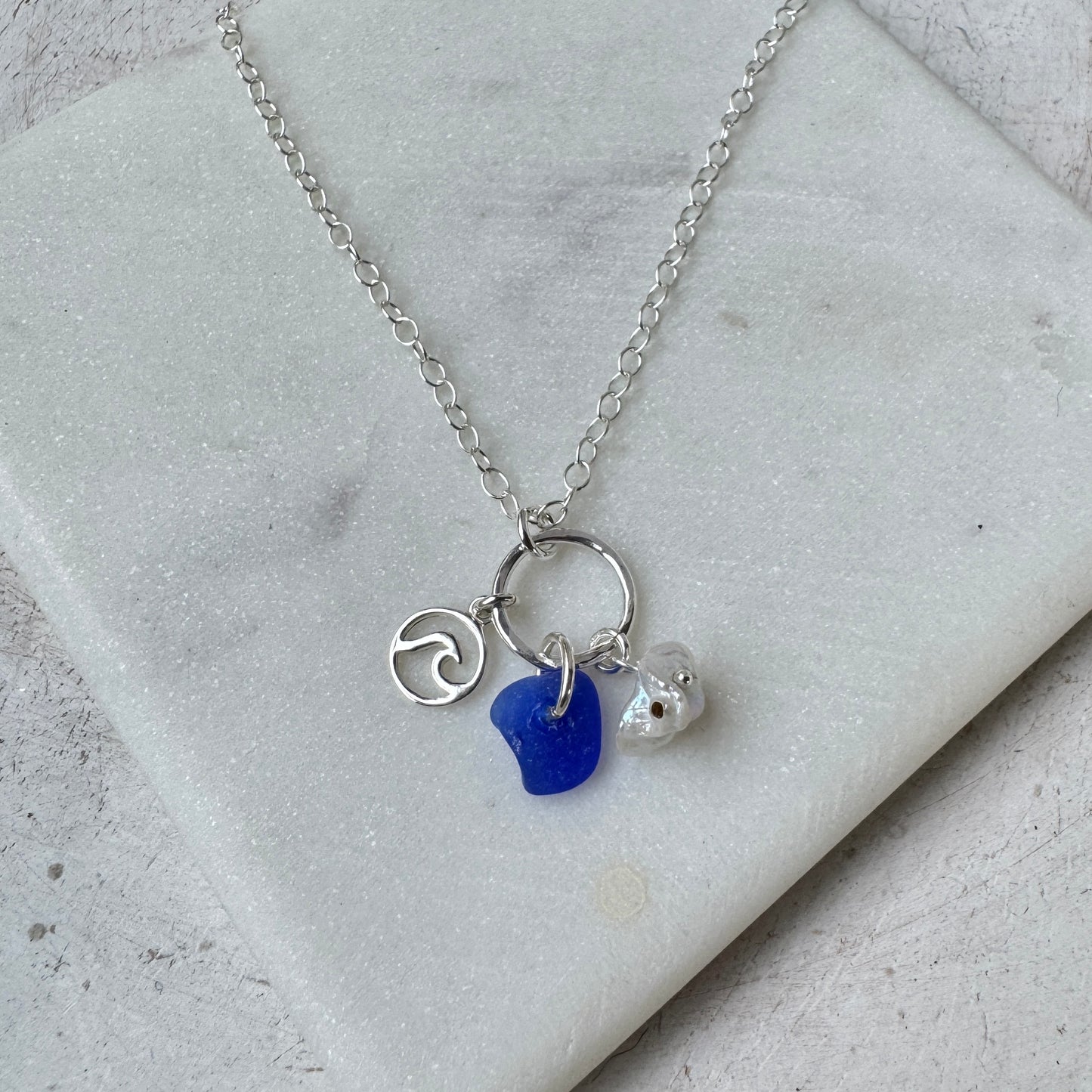 Cobalt Sea Glass, Pearl & Charm Necklace