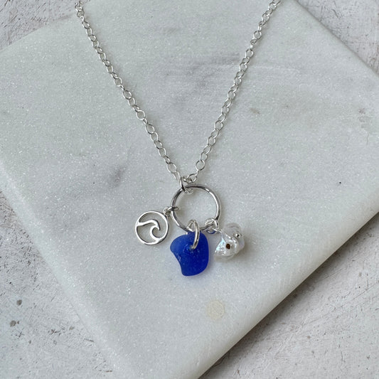 Cobalt Sea Glass, Pearl & Charm Necklace