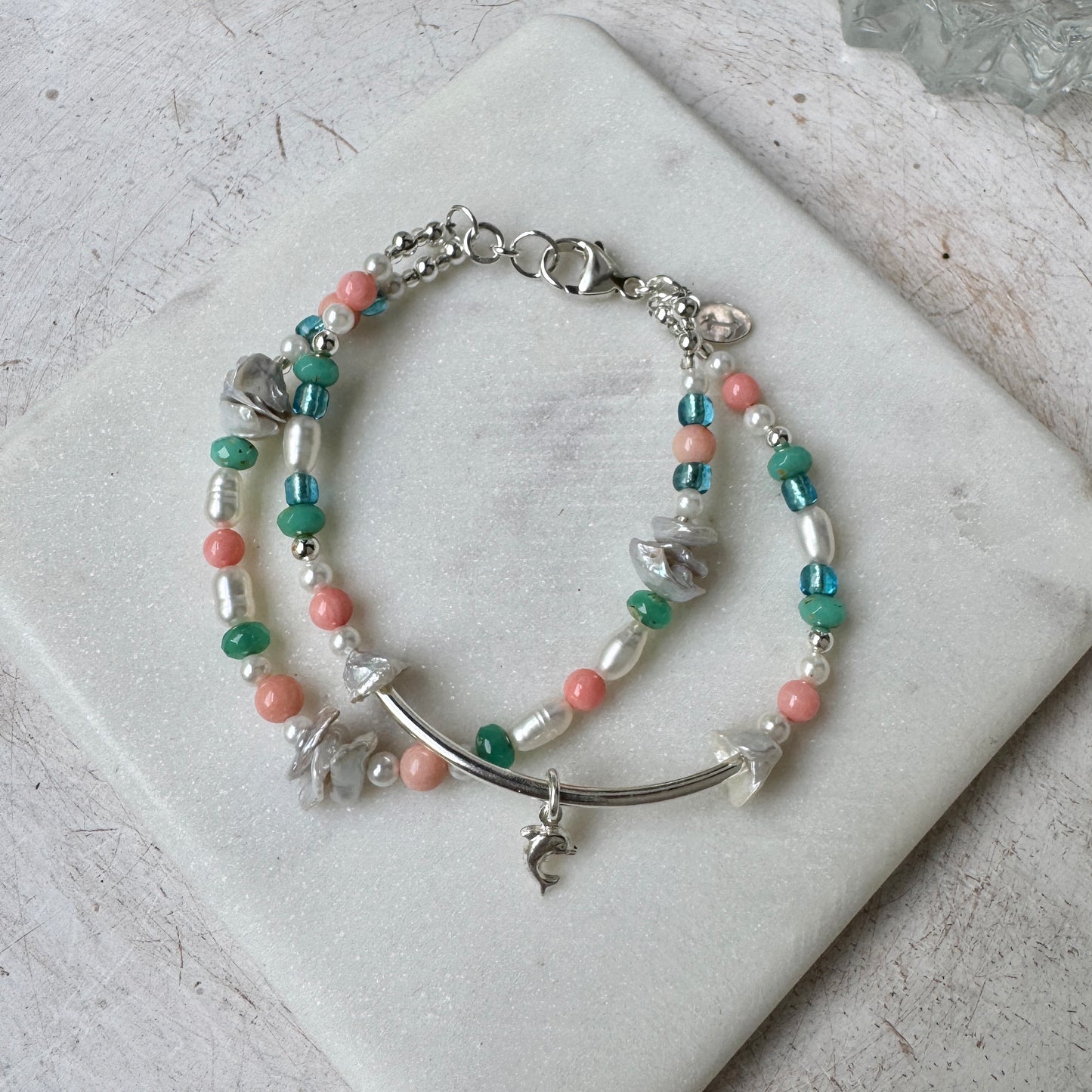 Coral, Pearl & Blue Sea Double Strand Bracelet w/Dolphin Charm