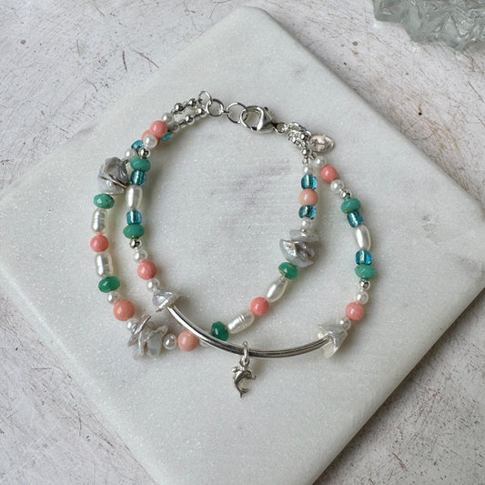 Coral, Pearl & Blue Sea Double Strand Bracelet w/Dolphin Charm