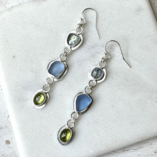 Cornflower Sea Glass, Bi-Color Tanzanite & Peridot Earrings