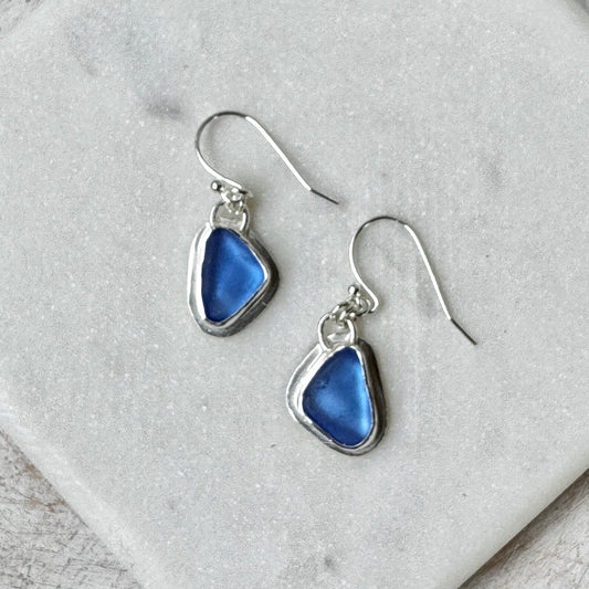 Deep Blue Cornflower Sea Glass Bezel Set Earrings