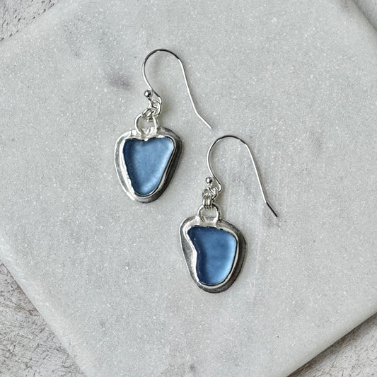 Pale Blue Cornflower Sea Glass Bezel Set Earrings