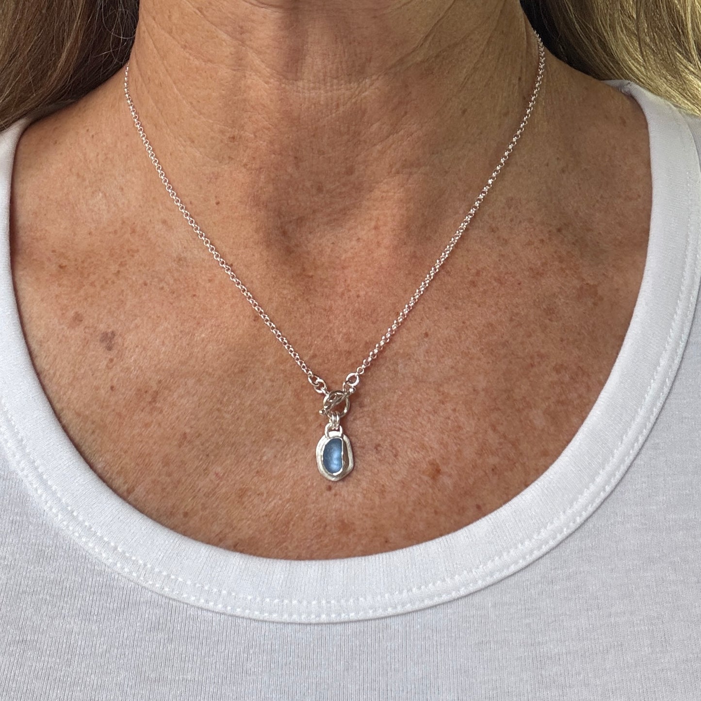 Cornflower Blue Sea Glass Small Toggle Front Necklace