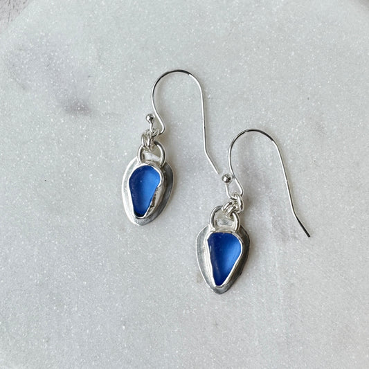 Cornflower Sea Glass Bezel Set Earrings