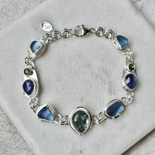 Cornflower Sea Glass, Bi-Color Tanzanite, & Green Apatite Bracelet