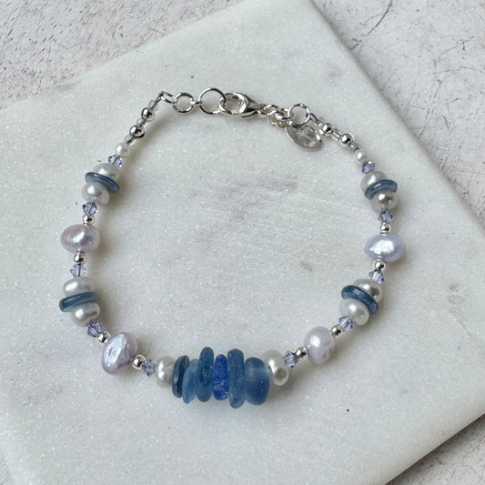 Cornflower Sea Glass & Lavender Freshwater Pearl Bracelet