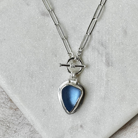 Cornflower Sea Glass Paperclip Toggle Front Necklace