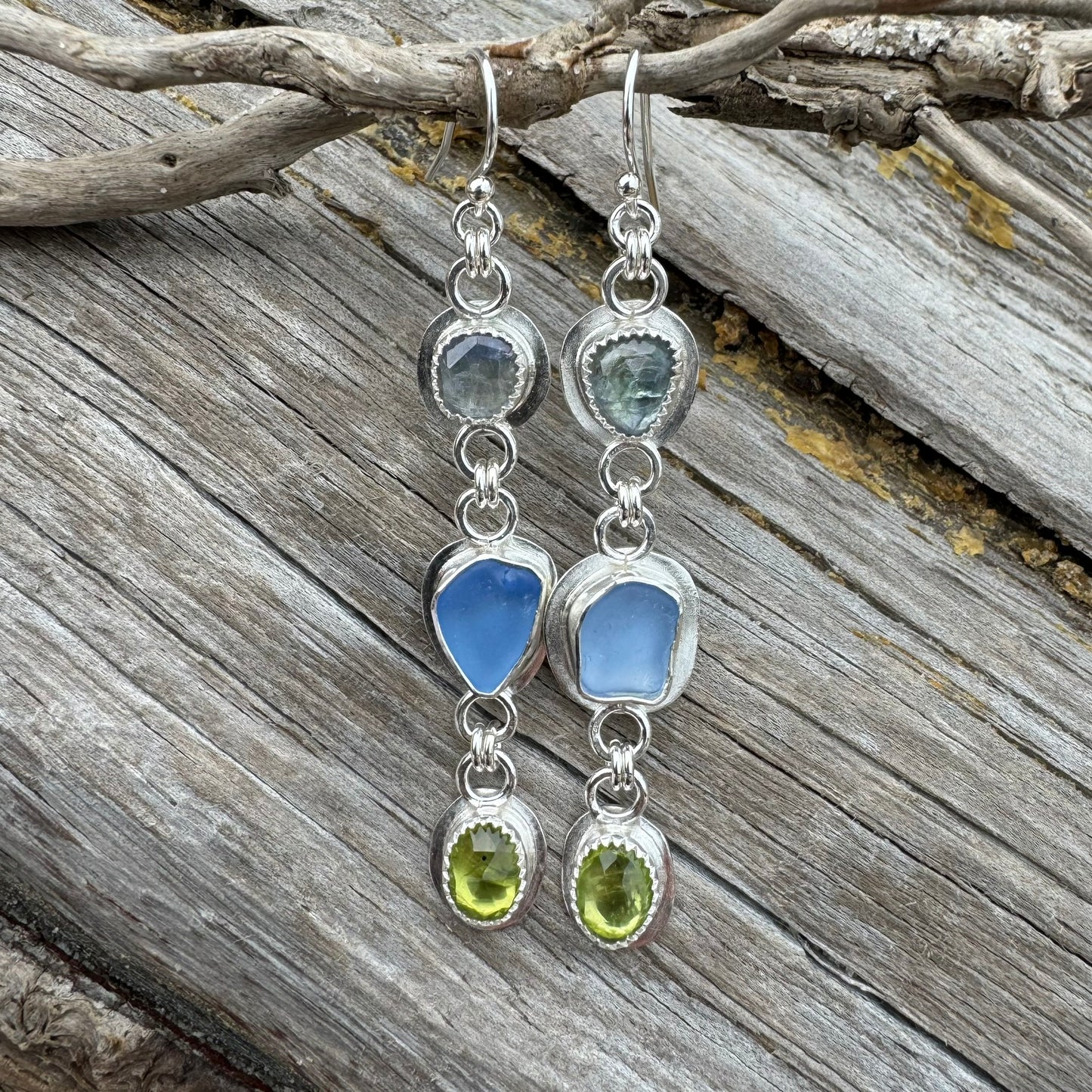 Cornflower Sea Glass, Bi-Color Tanzanite & Peridot Earrings