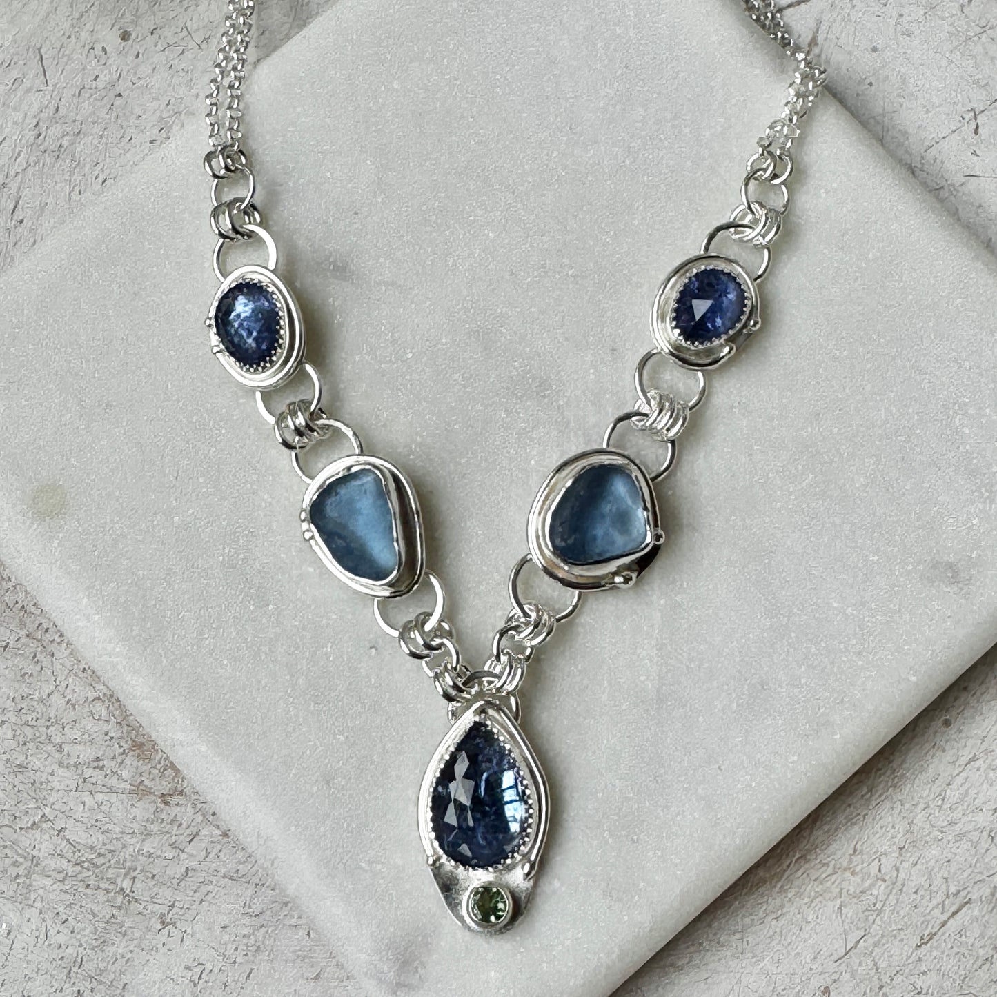 Cornflower Sea Glass, Tanzanite & Green Apatite Necklace