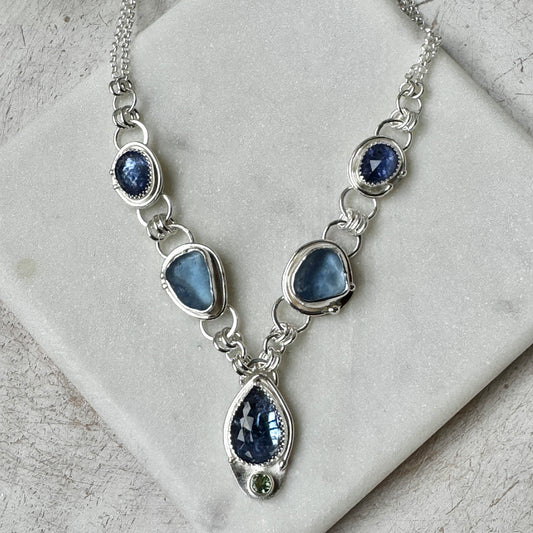 Cornflower Sea Glass, Tanzanite & Green Apatite Necklace