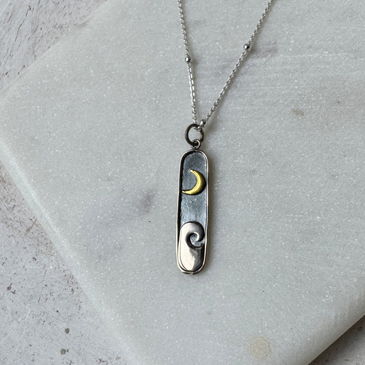 Silver Crescent Moon & Wave Bar Necklace