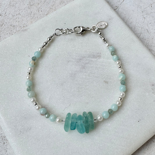 Deep Aqua Sea Glass, Amaoznite & Freshwater Pearl Bracelet