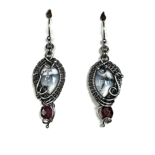 Dendrite Teardrop and Garnet Silver Woven Earrings