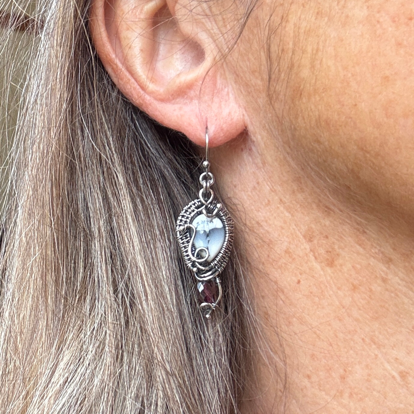 Dendrite Teardrop and Garnet Silver Woven Earrings