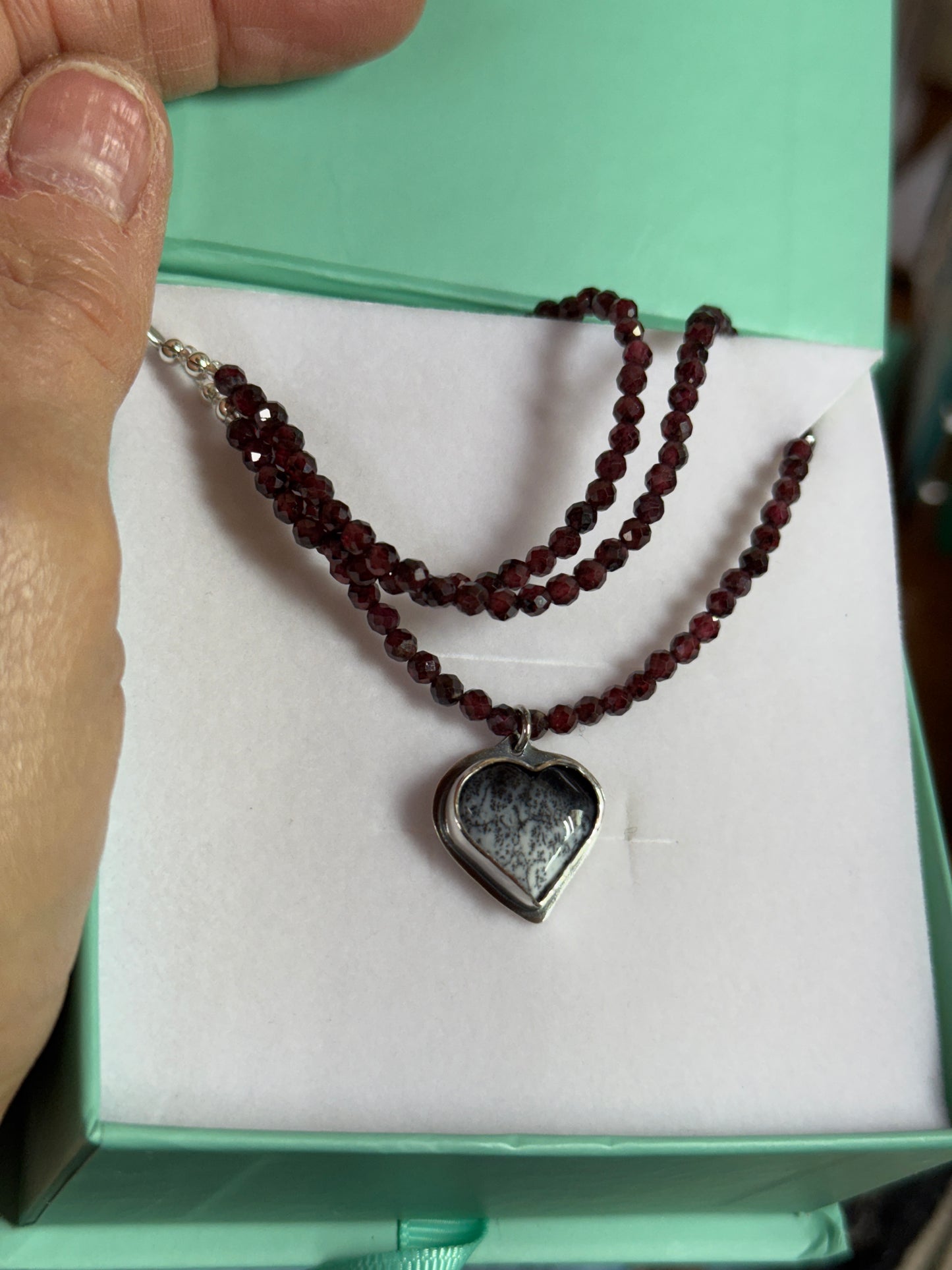 Dendrite Heart & Garnet Bead Necklace